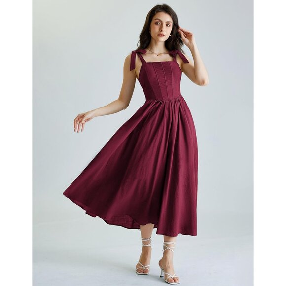 Women Corset Dress Square Neck Cottagecore Fishbone A-Line Sundress - Picture 4 of 9